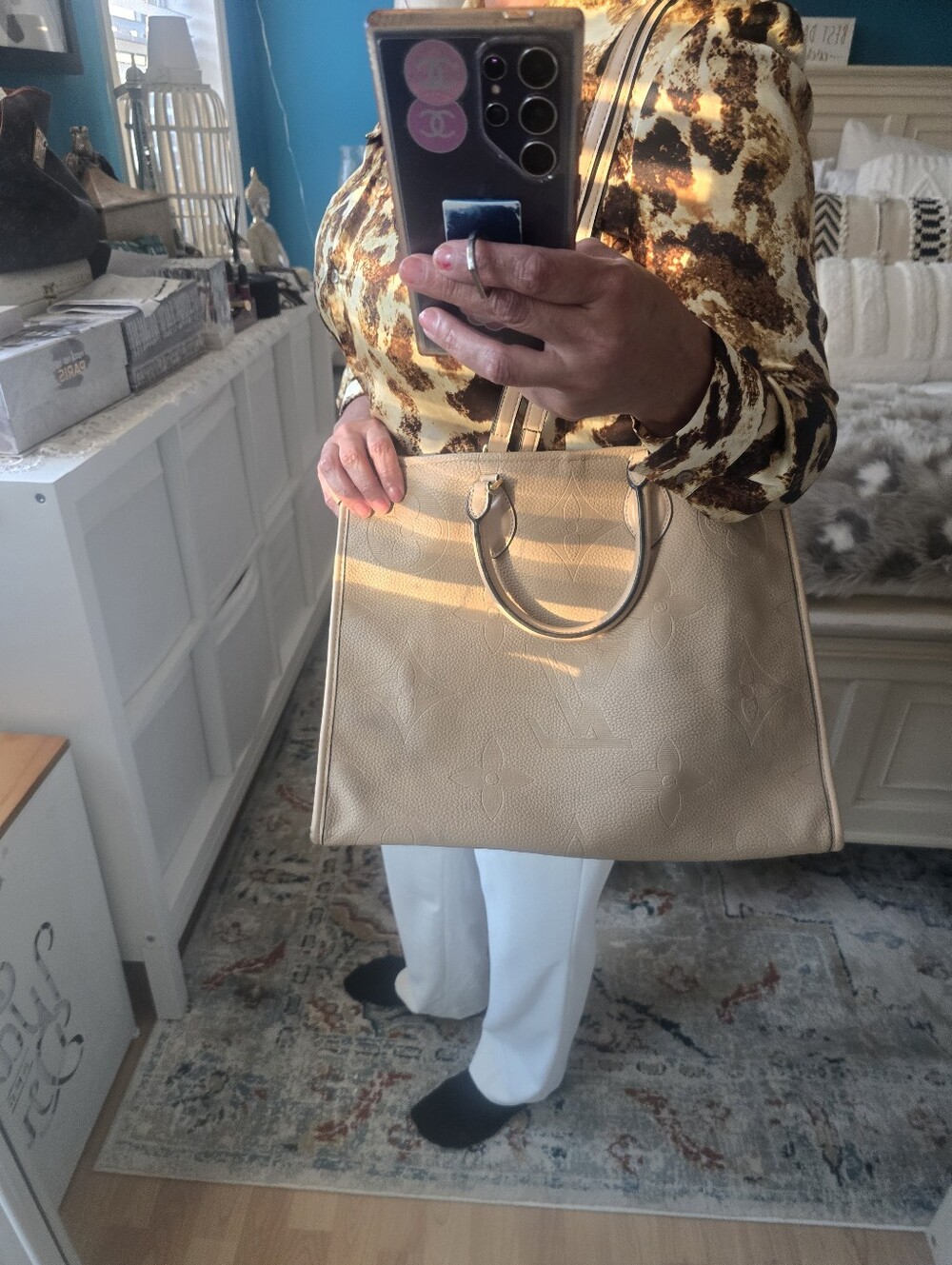Cream Embossed Leather Tote Bag